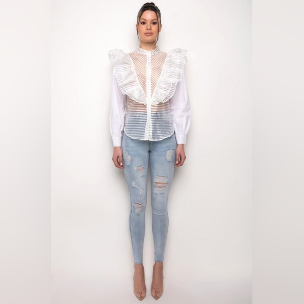 Akira Krista Ruffle Button Down Blouse, White, Size Large